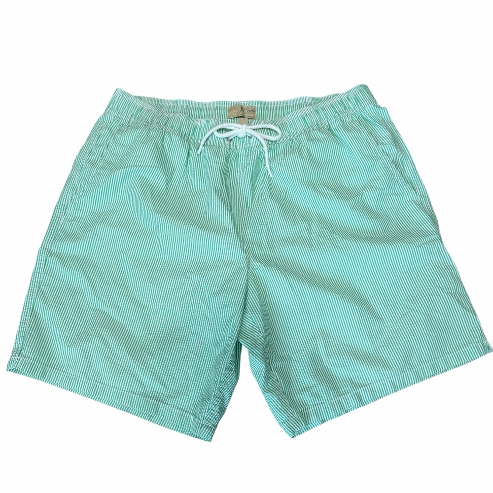 J. Crew Men's 8" Green/White Striped Seersucker Swim Trunks | Size Large